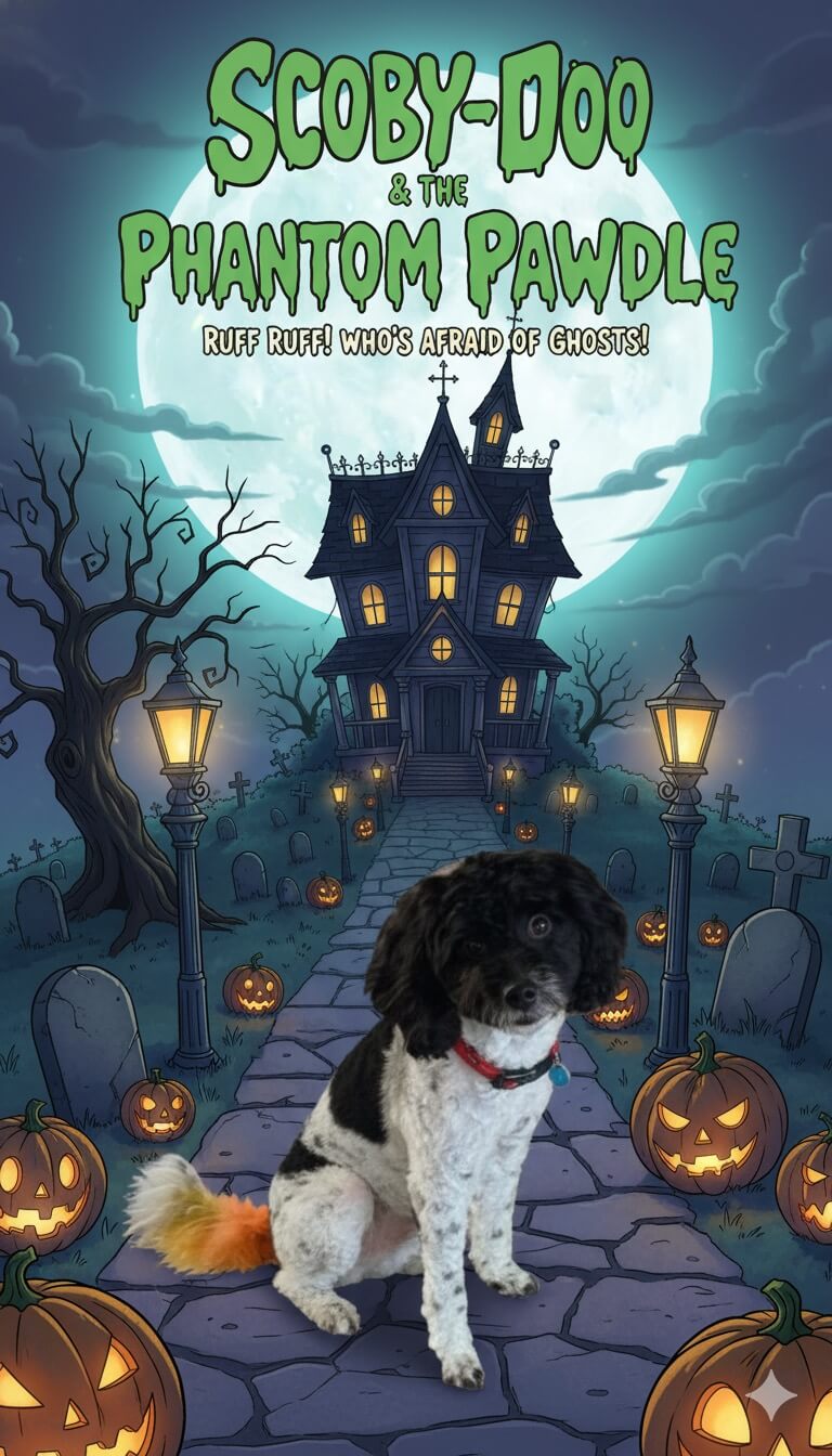 well-groomed dog in front of scooby-doo poster backdrop