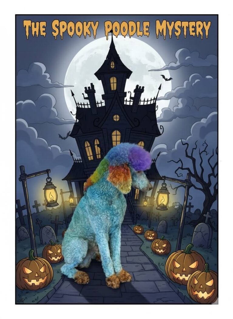 well-groomed dog with painted fur sitting in front of scooby-doo poster backdrop