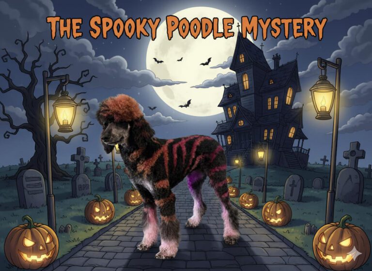 well-groomed dog with painted fur sitting in front of scooby-doo poster backdrop