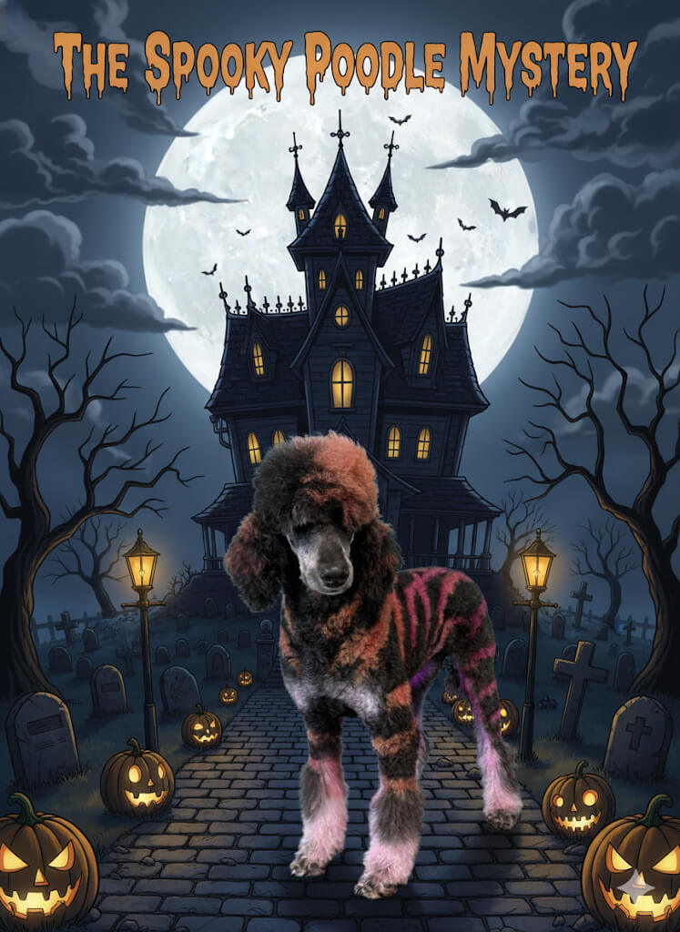 well-groomed dog with painted fur sitting in front of scooby-doo poster backdrop