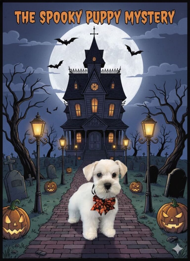 well-groomed dog in front of scooby-doo poster backdrop