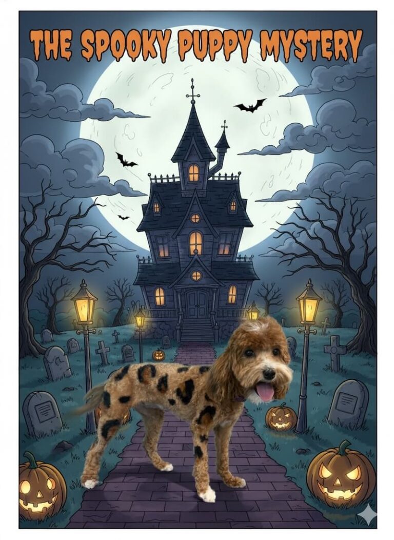 well-groomed dog with painted fur sitting in front of scooby-doo poster backdrop