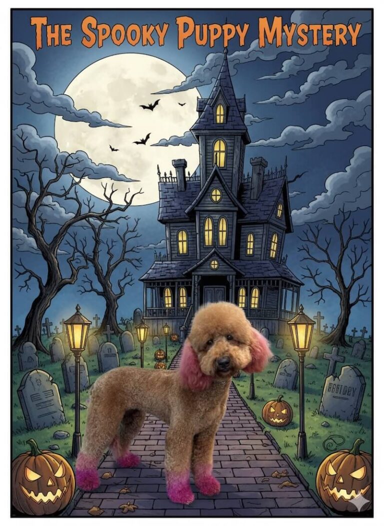 well-groomed dog in front of scooby-doo poster backdrop