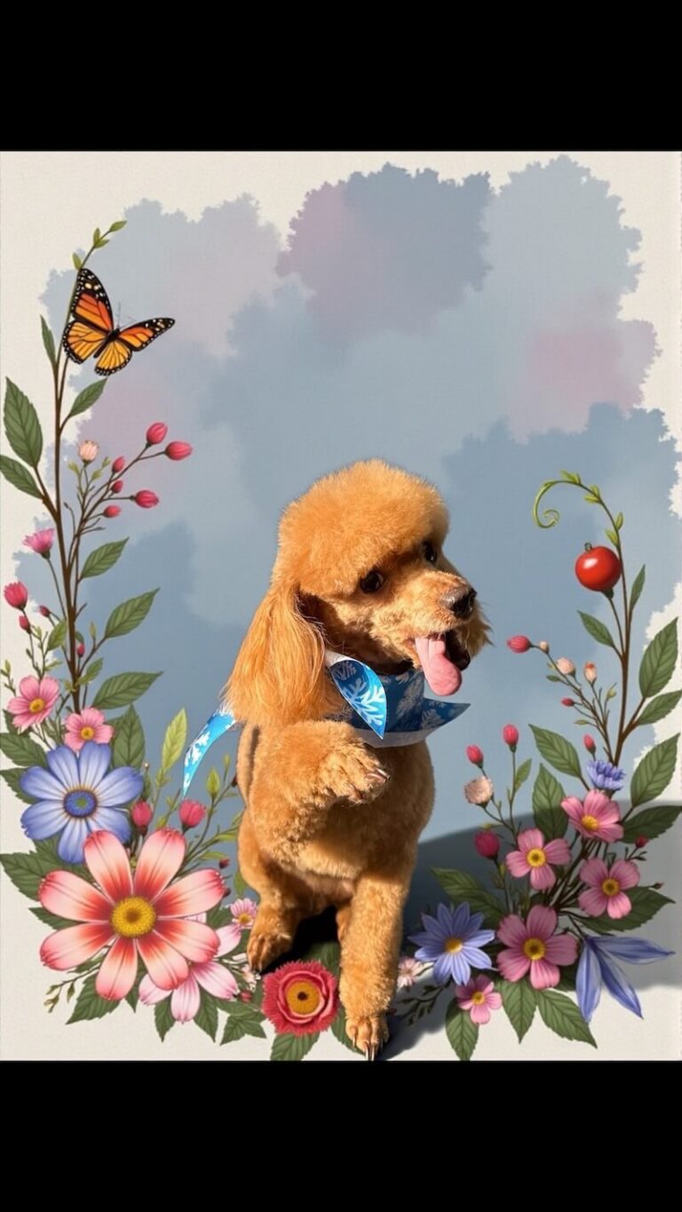 well-groomed dog surrounded by a floral design with butterflies