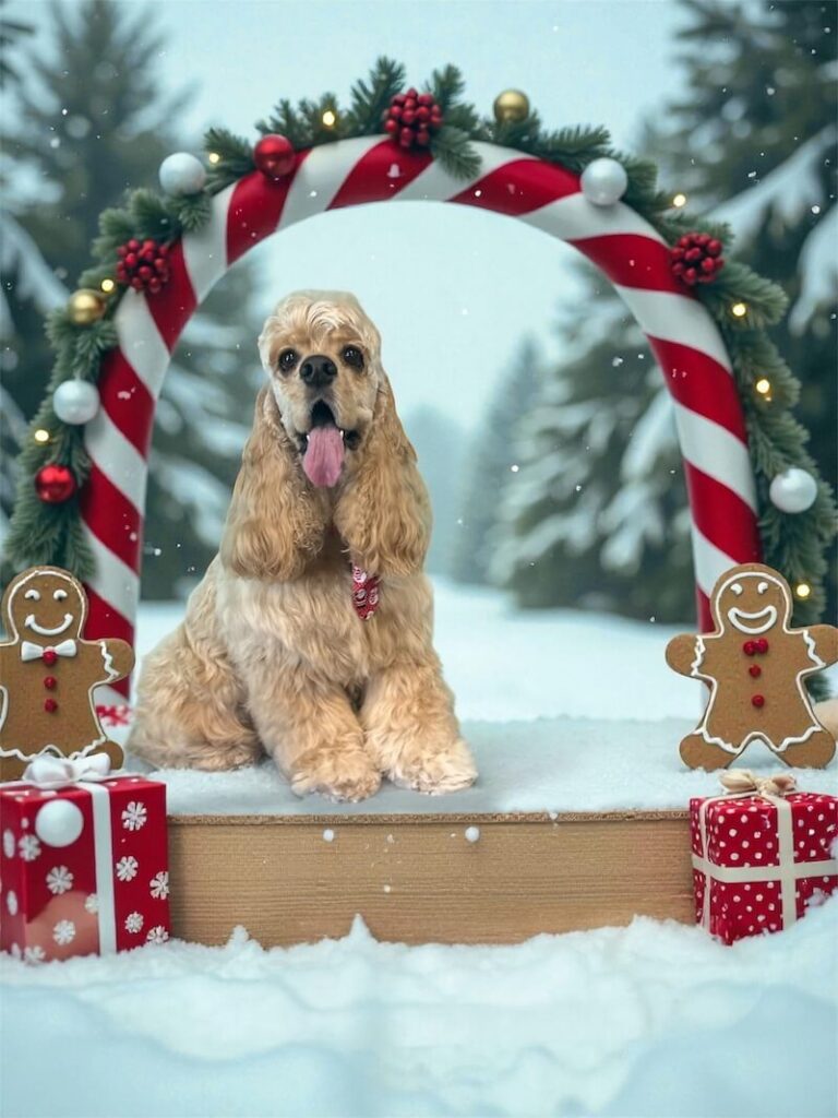well-groomed dog surrounded by a christmas design with gingerbread men