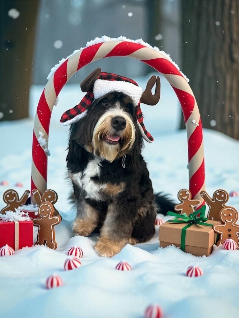 well-groomed dog surrounded by a christmas design with gingerbread men