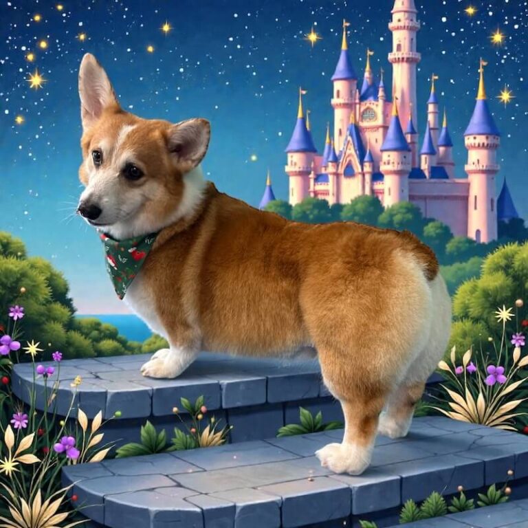 well-groomed corgi dog surrounded by artwork of a castle and flowers