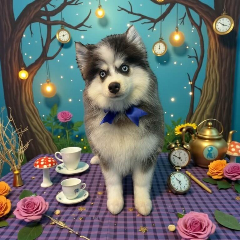 well-groomed siberian husky dog wearing blue bow and surrounded by alice in wonderland themed elements