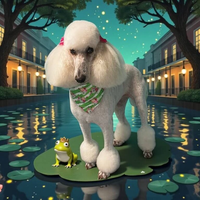 well-groomed poodle wearing a bandana in front of dreamy backdrop with little frog prince