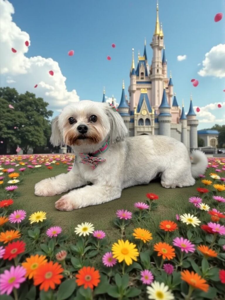 well-groomed dog surrounded by artwork of a castle and flowers