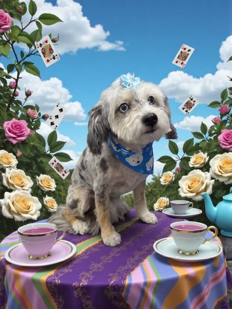 small well-groomed dog wearing blue bow and surrounded by alice in wonderland themed elements