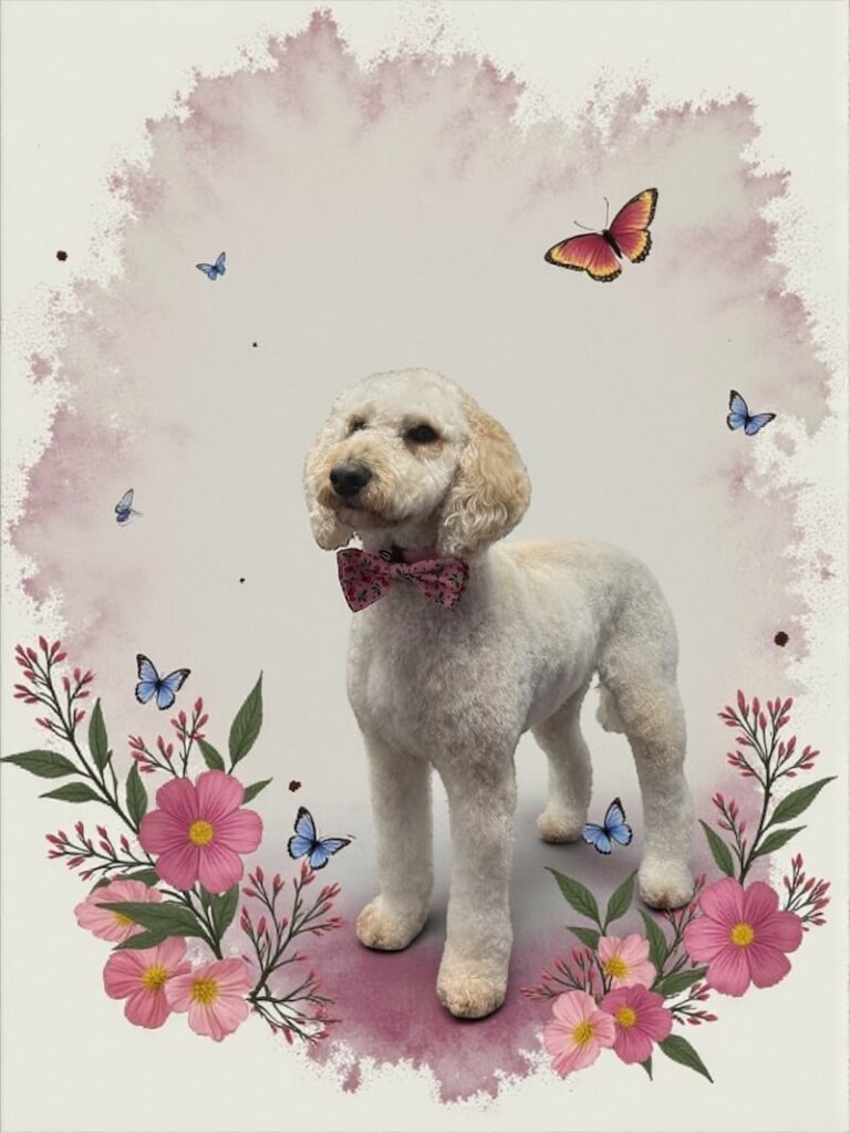 well-groomed dog surrounded by a floral design with butterflies