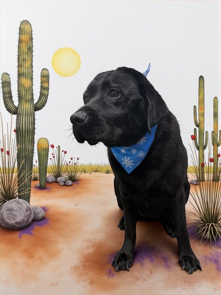 well-groomed black labrador dog in front of a watercolor desert scene