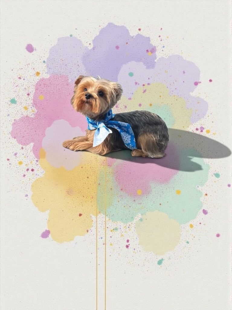 well-groomed dog in front of a pastel-themed watercolor background