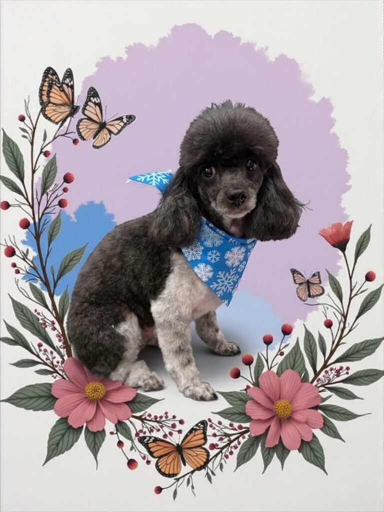 well-groomed dog surrounded by a floral design with butterflies
