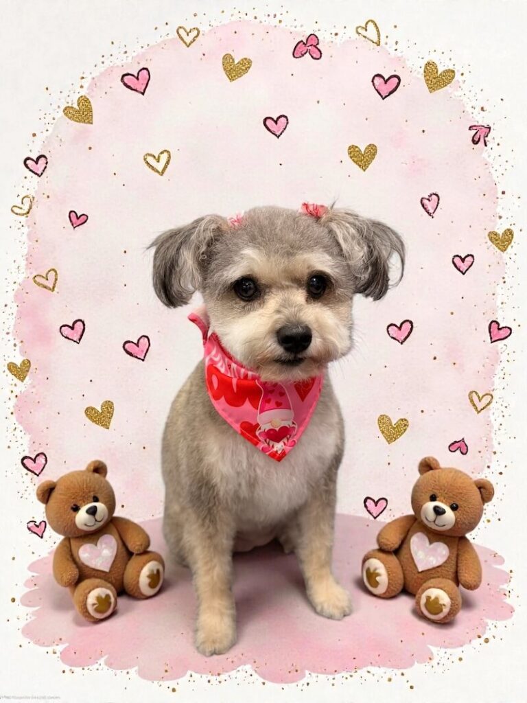 well-groomed dog sitting next to two teddy bears and surrounded by a pink watercolor design with hearts