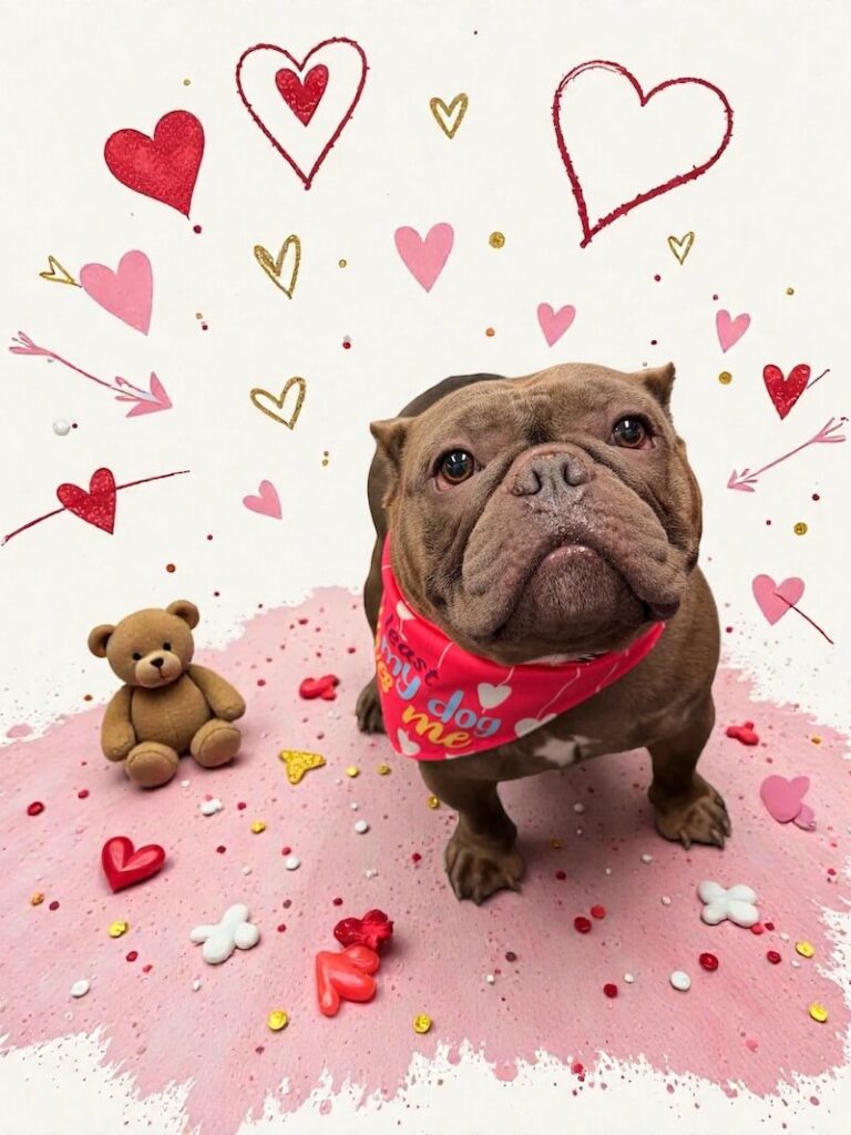 well-groomed dog surrounded by a pink watercolor design with hearts and a teddy bear