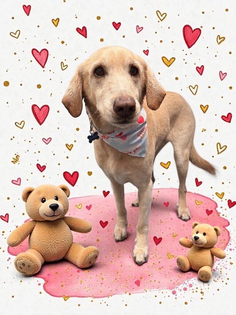 well-groomed dog sitting next to two teddy bears and surrounded by a pink watercolor design with hearts