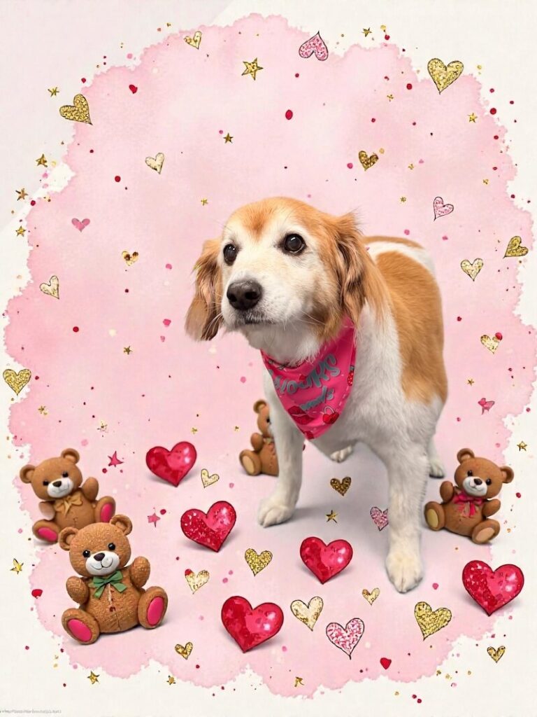 well-groomed dog sitting next to various teddy bears and surrounded by a pink watercolor design with hearts