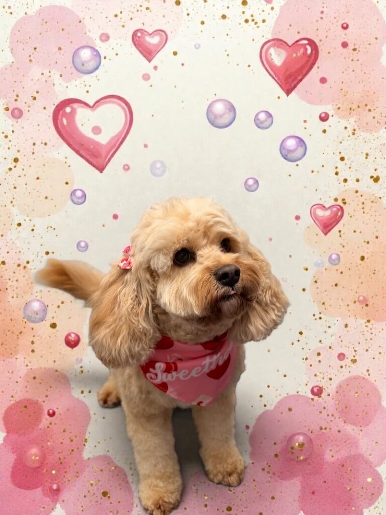 well-groomed dog surrounded by a pink watercolor design with hearts