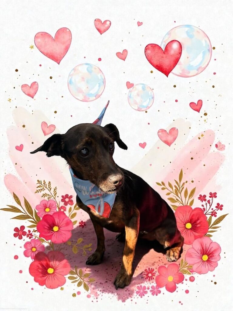 well-groomed dog surrounded by a pink watercolor design with hearts