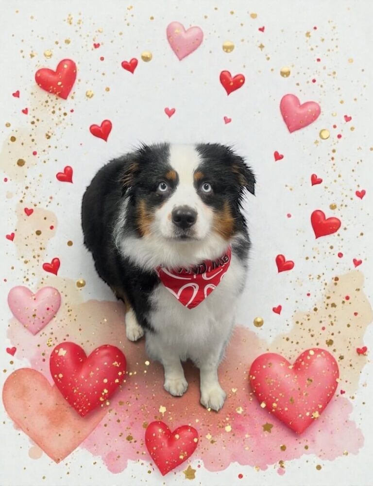well-groomed dog surrounded by a pink watercolor design with hearts