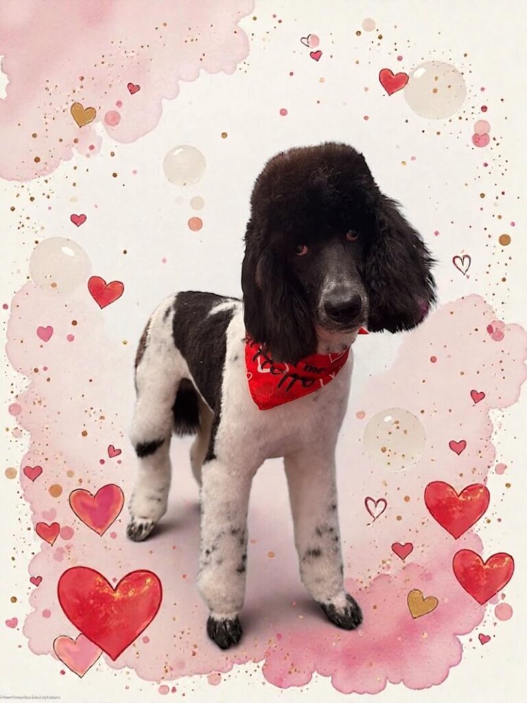 well-groomed dog surrounded by a pink watercolor design with hearts