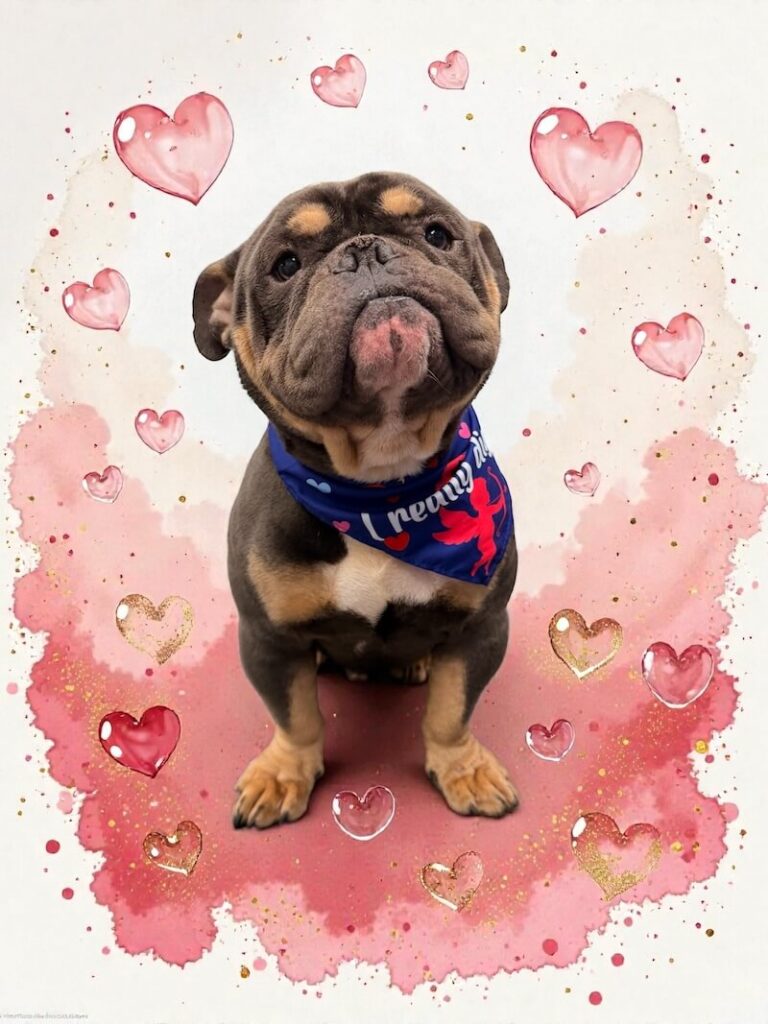well-groomed dog surrounded by a pink watercolor design with hearts