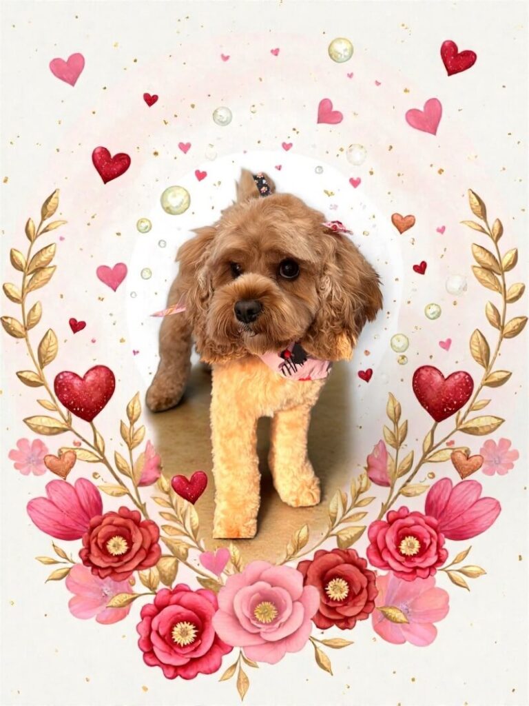 well-groomed dog surrounded by a pink watercolor design with hearts