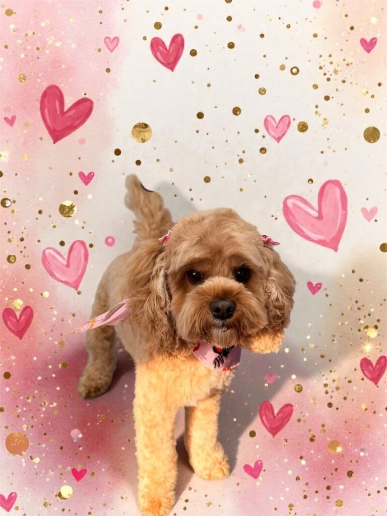 well-groomed dog surrounded by a pink watercolor design with hearts