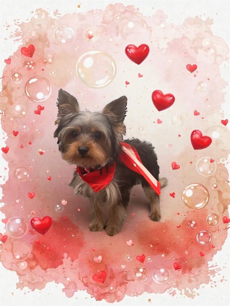 well-groomed dog surrounded by a pink watercolor design with hearts