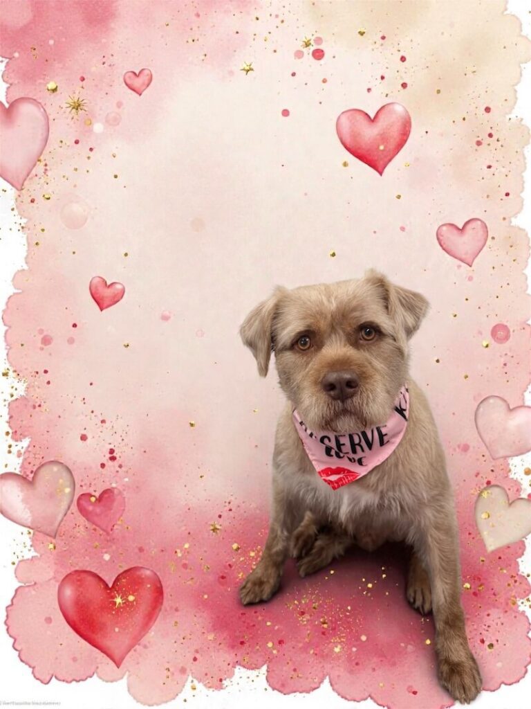 well-groomed dog surrounded by a pink watercolor design with hearts
