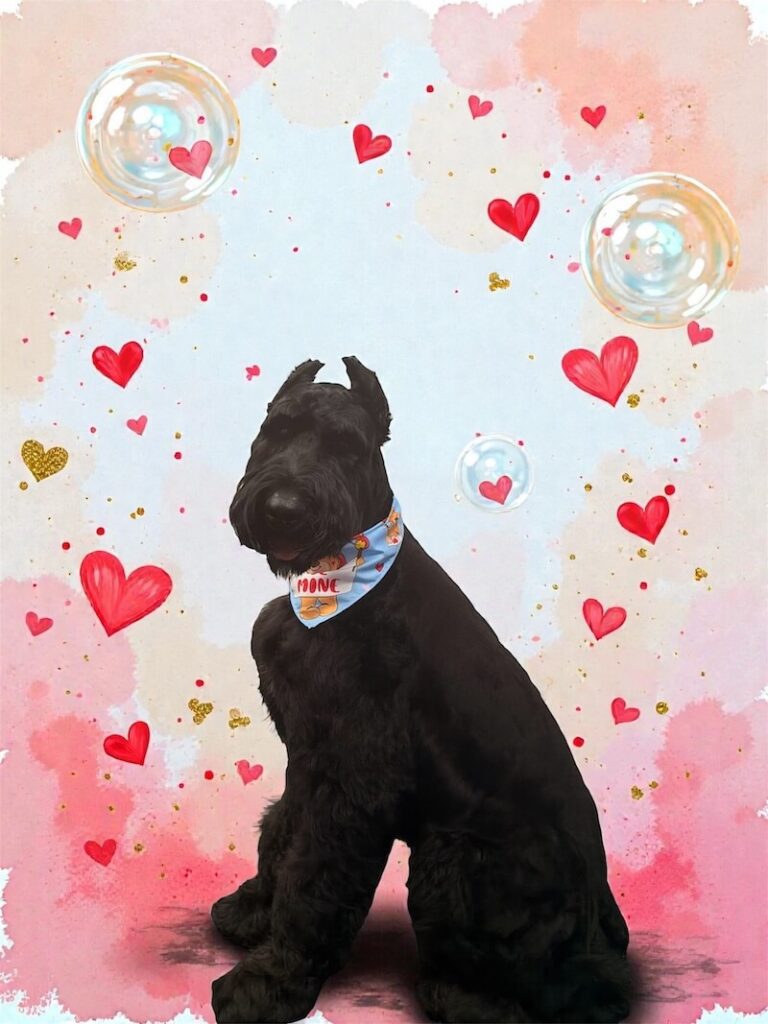 well-groomed dog surrounded by a pink watercolor design with hearts